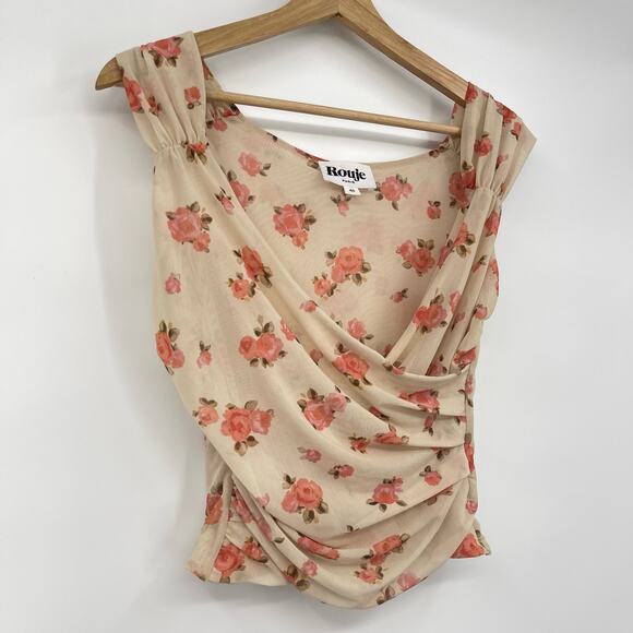 Rouje Paris| Iva Top Floral Mesh Surplice Faux Wrap Bodycon Romantic Blouse 40 8 - Picture 10 of 16